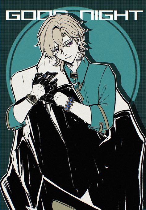 the image is a stylized digital drawing or fanart, likely from an anime or manga source. it depicts two male characters in a close embrace.  the central figure is a young man with shoulderlength blond hair, wearing a teal jacket and dark clothing. he has striking purple eyes.  he is embracing another figure whose face is obscured, though parts of a lighter colored garment are visible.  both figures are wearing gloves. the background is a teal circle with the words "good night" written across the top. the overall style is elegant and somewhat mysterious, with a romantic or affectionate undertone. the artwork uses bold lines and shading to create depth and contrast.