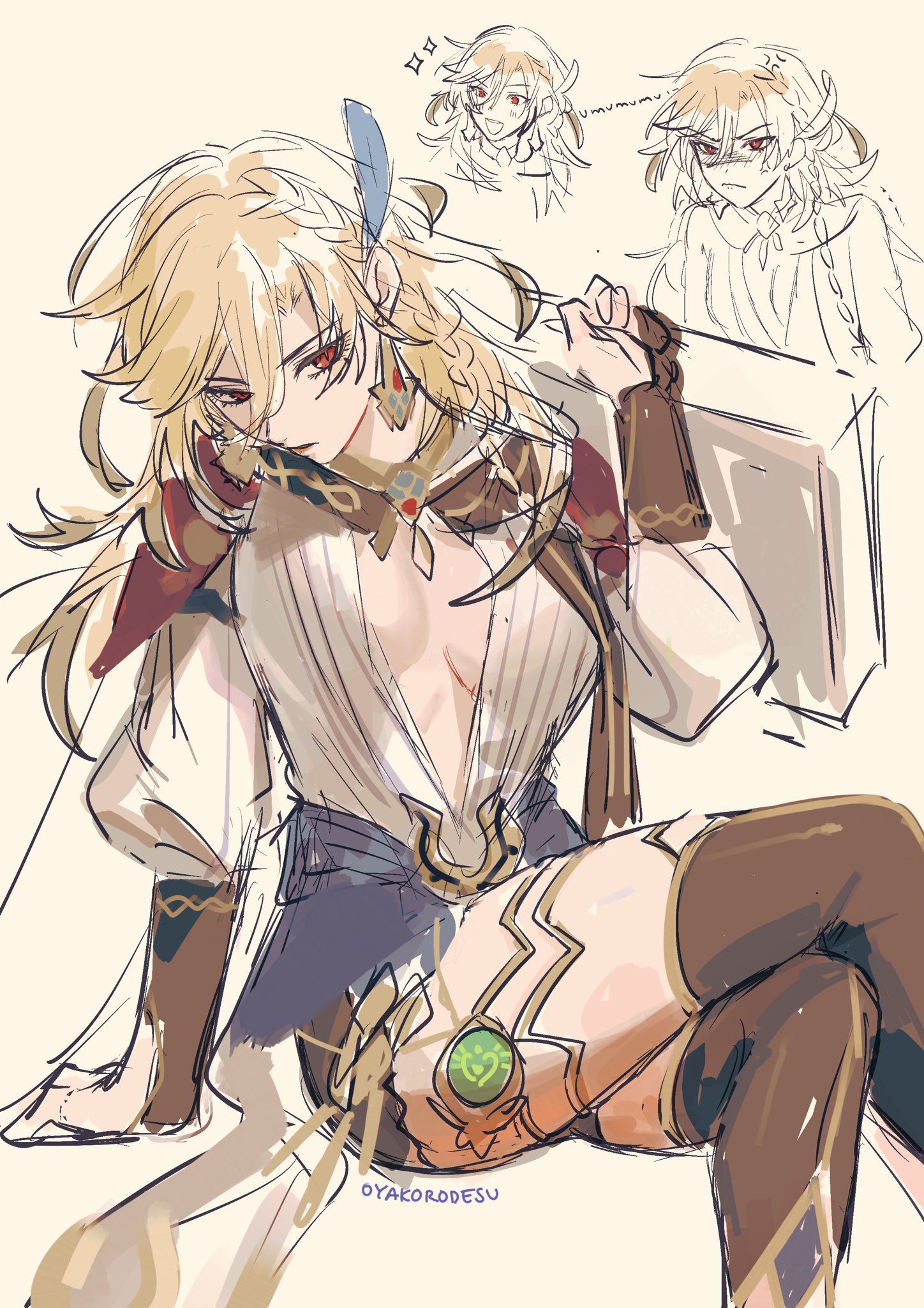 this is a digital drawing of an anime girl with blonde hair and blue eyes. she is wearing a white outfit with gold jewelry and brown boots. she is sitting with her legs crossed and smiling. the drawing is done in a cartoon style with a lot of detail. the background is a light beige color with some scribbles.