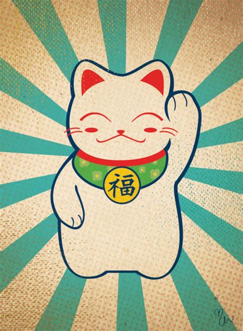 a retrostyle illustration of a manekineko, or beckoning cat, set against a sunburst background.  the cat is white with red ears and a green collar featuring the kanji character for "fortune" (福). the style is reminiscent of vintage posters or advertisements. the colors are muted and the overall feel is cheerful and inviting.