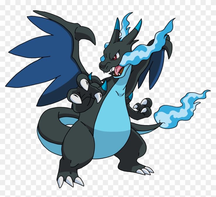 the image is a digital illustration of mega rayquaza, a powerful legendary pokémon from the pokémon video game franchise.  mega rayquaza is depicted in its characteristic form, with a predominantly dark gray/black body, bright teal/blue underbelly and accents, and large, dark blue wings. blue flames emanate from its body and tail, indicating its power and elemental affinity. its sharp claws and fierce expression add to its intimidating appearance. the style of the artwork is consistent with the anime and video game representations of the character.
