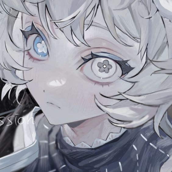 a digital closeup portrait of an anime boy with white hair and striking blue eyes. one eye has a simple white flower design instead of a pupil. his expression is neutral, bordering on melancholic. the art style is soft and ethereal, utilizing a muted palette with hints of blue and gray. he appears to be wearing a white collared shirt and a bluegray scarf with a textured pattern.