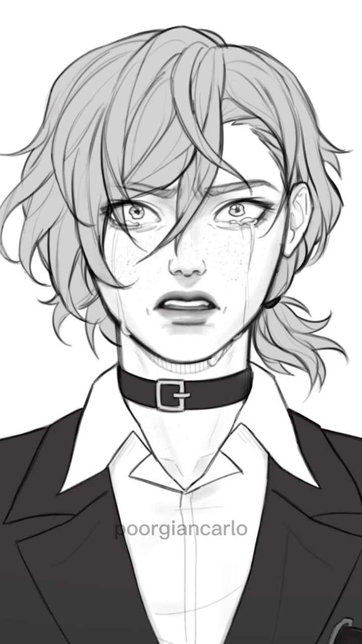 the image is a grayscale digital drawing or illustration of a young man with short, sideparted hair. he appears to be crying, with tears streaming down his face, and his facial expression is one of sadness and distress. he's wearing a darkcolored suit jacket, a collared shirt, and a chokerstyle necklace.  the style is reminiscent of anime or manga, with a focus on detail in the facial features and expression. there is a watermark/signature "poorgiancarlo" subtly placed on the image. the overall mood is melancholic and emotionally charged.