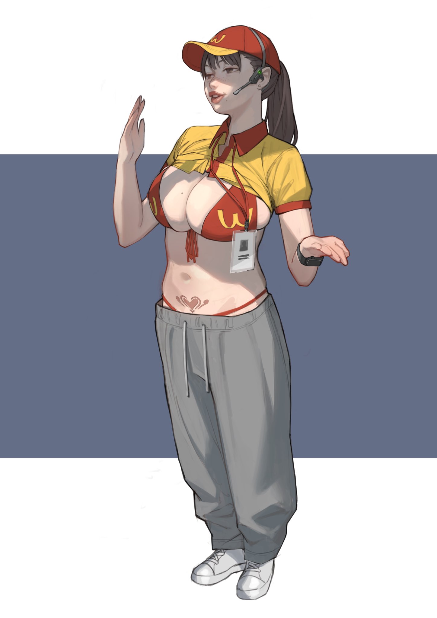 a digital illustration of a woman in anime style, she is wearing a yellow shirt with a red and yellow uniform hat. the shirt is slightly unbuttoned and the woman is wearing a red bikini underneath. she is wearing gray sweatpants and white sneakers. she has long dark hair and is wearing a headset with a microphone. she is holding her right hand up to her ear and her left hand is extended out in front of her. the woman is standing in front of a blue background.