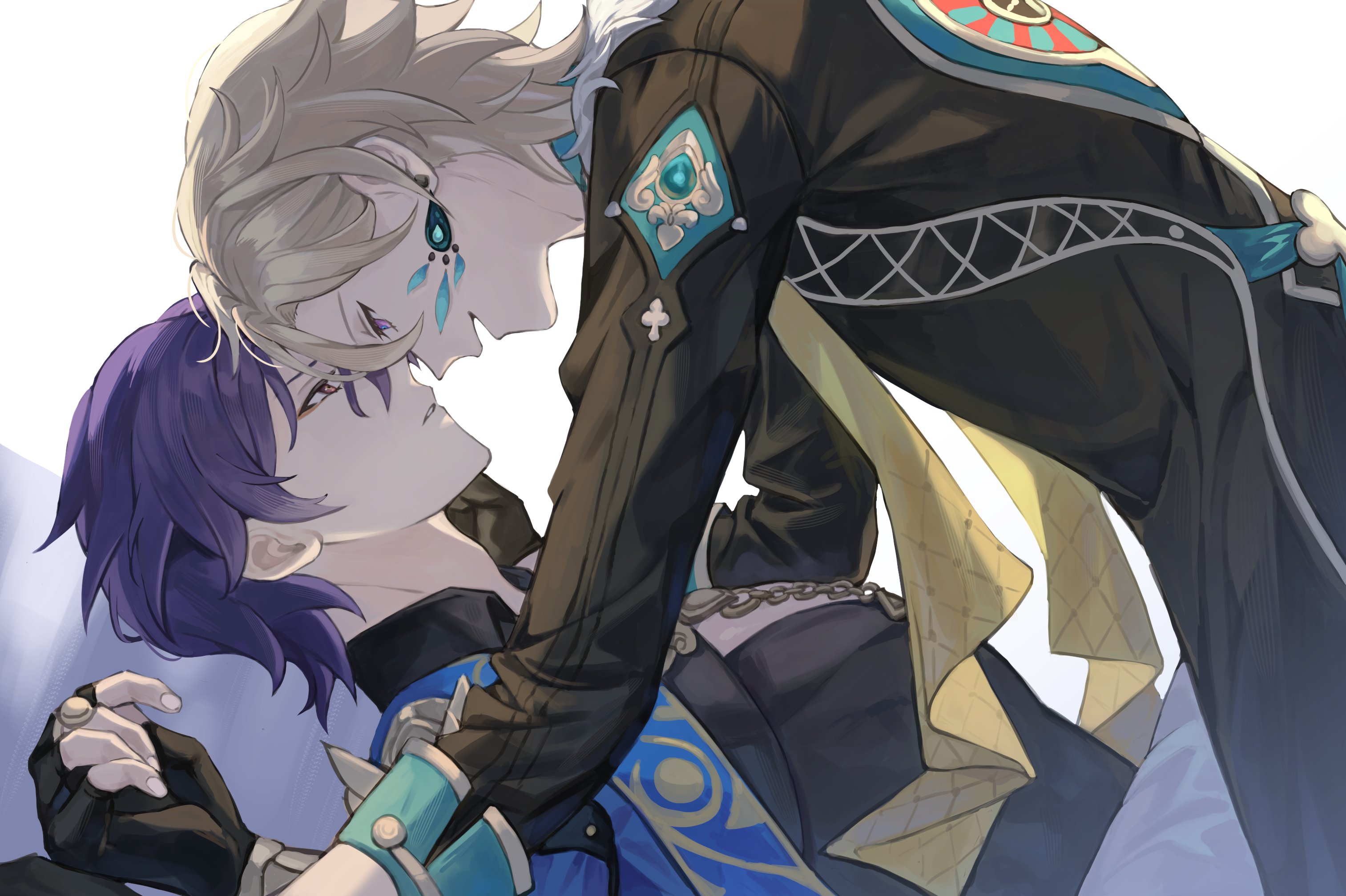 the image is a piece of animestyle fanart depicting a romantic and intimate scene between two young men. one has blond hair and the other has purple hair.  they are dressed in elaborate, fantasyinspired clothing with intricate details and jeweltoned accents. the blondhaired character is leaning over the purplehaired character, their faces close together in a suggestive embrace. the overall style is reminiscent of manga or anime art, likely fanart inspired by genshin impact given the character designs and clothing style. the artwork's mood is romantic and passionate, with a focus on the closeness and connection between the two characters.