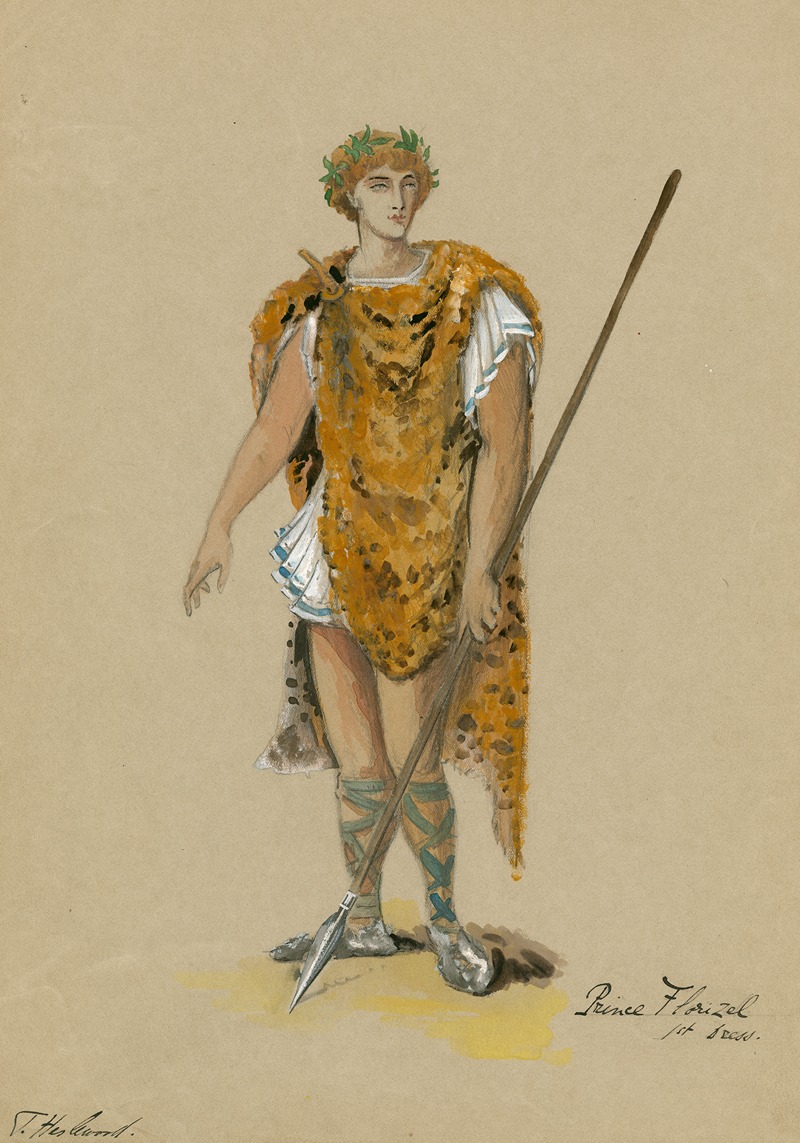 a watercolor illustration of the character prince florizel, designed for a theatrical production. the figure stands in a classical pose, wearing a laurel wreath and a spotted animal skin draped over one shoulder. he wears a short white tunic with blue trim, laced sandals, and holds a spear. the costume suggests an ancient greek or roman aesthetic. the design is labeled "prince florizel / 1st scene." the artist's signature is at the bottom left.