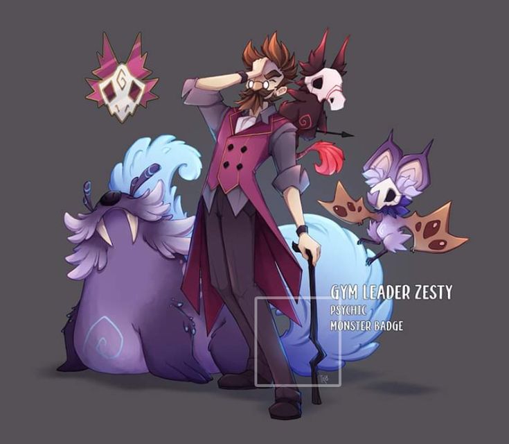 the image shows a character design for a pokemon gym leader named zesty, who specializes in psychictype pokemon. he is accompanied by three different pokemon: a walruslike creature with a blue and purple color scheme, a batlike pokemon with a skull face, and a small skullheaded pokemon perched on his shoulder. zesty is a mustached man with glasses, wearing a suit and holding a cane. also there's a monster badge displayed beside the characters.