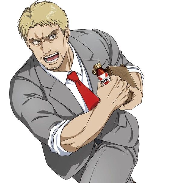the image showcases erwin smith, a prominent character from the anime and manga series "attack on titan," depicted in a somewhat humorous scenario. he is sprinting while wearing a gray business suit, clutching an energy drink labeled "zeke's spine fluid"  and a brown briefcase. his expression is intense and determined, hinting at a sense of urgency. the white background isolates him, drawing focus to his dynamic pose and the comical juxtaposition of his attire and the energy drink.