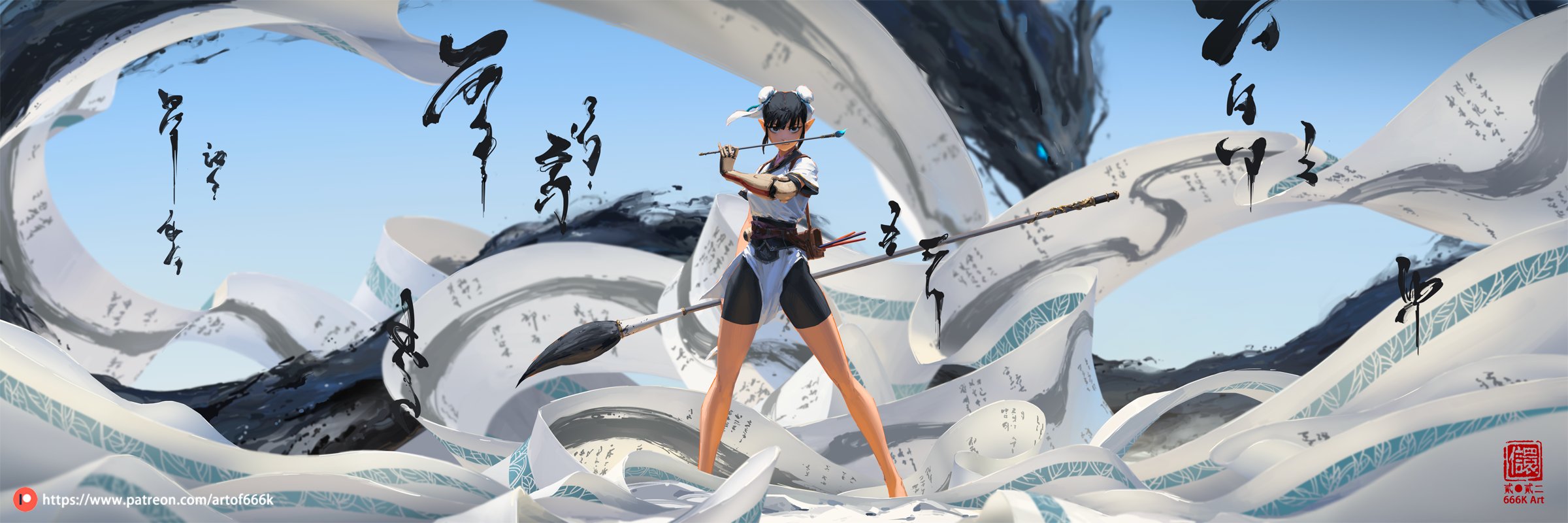 the digital painting showcases a female animestyle warrior elegantly posed amidst swirling scrolls covered in chinese calligraphy. she holds a long spear, which also appears to be a brush, suggesting a connection between combat and artistry.  the scrolls are dynamic, appearing to flow in the wind, creating a visually striking scene with a blend of traditional east asian art elements and a fantastical atmosphere. the background features a partially visible black, inkwash dragonlike form, enhancing the overall dramatic effect. the artist's watermark is subtly placed in the bottom right corner.