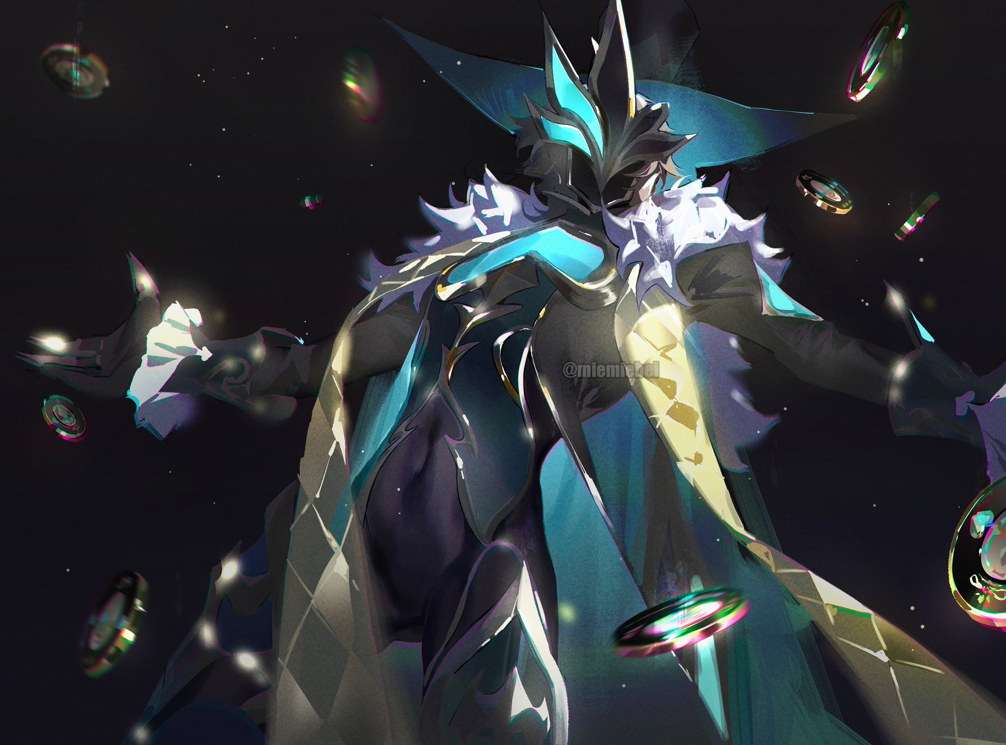 this animestyle digital illustration portrays a mysterious male character with a magical air.  he is dressed in a dark, flowing cloak adorned with iridescent, swirling patterns. his hat is tilted at a rakish angle and seems to be constructed of a strange, glowing material.  the figure's face is partially obscured by a mask that seems to be both a magical item and a part of his attire. he is surrounded by ethereal, glowing coins, which float and swirl around him in a captivating display. the artist's use of light and shadow emphasizes the figure's ethereal nature and creates an atmosphere of mystery and intrigue. the entire piece has a rich and detailed style, with intricate details on the clothing, mask, and background. this is a captivating depiction of a powerful and enigmatic character.