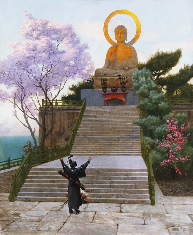an illustration shows a robed man with outstretched arms standing before a large outdoor statue of a seated buddha, placed atop a tall set of stairs. the buddha has a golden halo behind its head. a large flowering tree and other greenery is present in the landscape surrounding the buddha and stairs.
