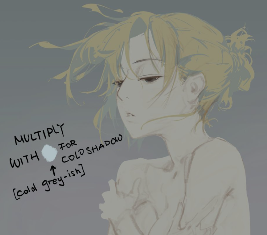 a digital painting of an anime girl.  it is an illustration showing how to add shadows to an illustration.  a circle is added to the image with the instructions: "multiply with [cold greyish] for cold shadow."