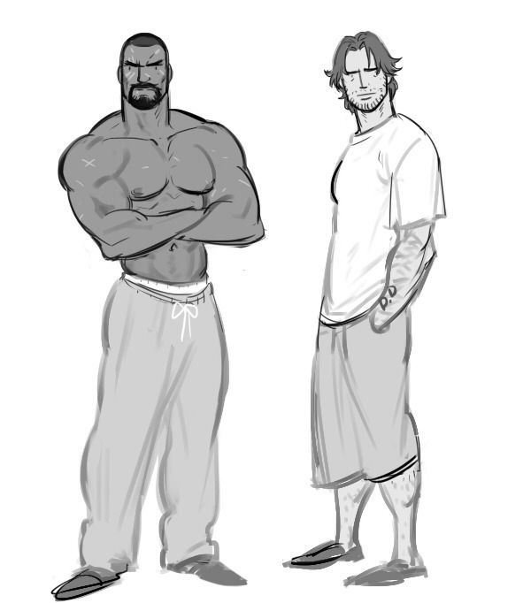this is a drawing of two men standing sidebyside. the man on the left is muscular, shirtless, and has a beard. he is wearing gray pants. the man on the right is wearing a white shirt and shorts. he has a beard and hair and appears to be looking down. both men are drawn in a casual style.