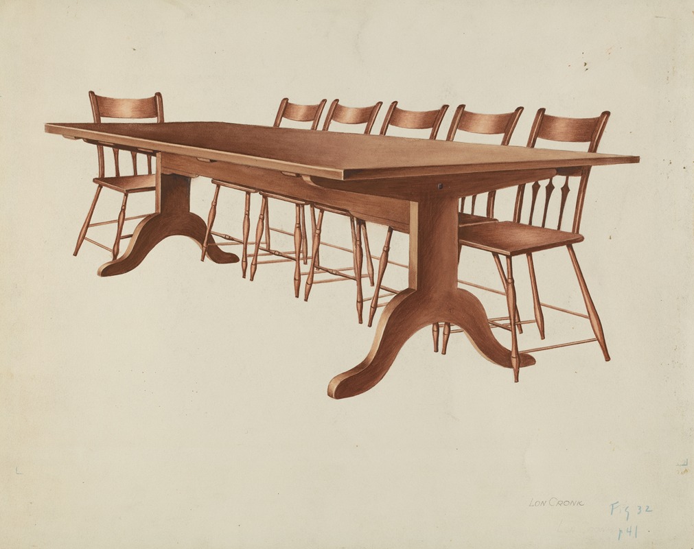 a drawing depicts a long wooden dining table with several matching chairs. the table has a dark brown surface and a traditional trestle base with curved supports. six chairs are positioned around the table, each with a similar dark brown finish and a simple, classic design. the artwork is rendered in a realistic style, showcasing the details of the wood grain and the furniture's construction.