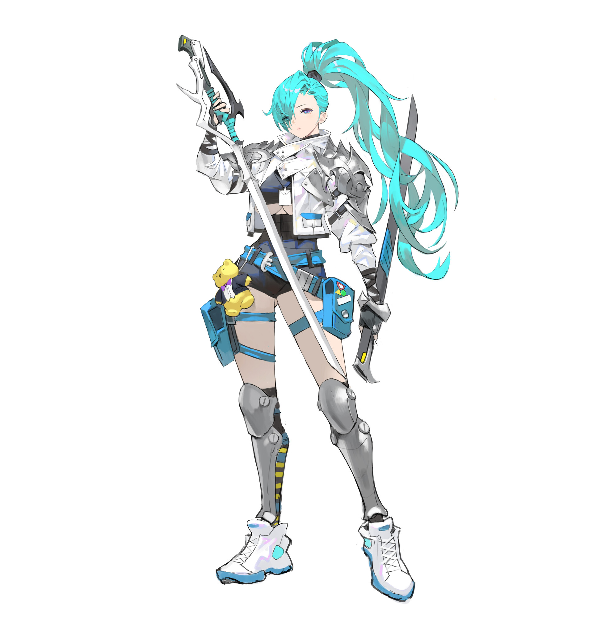 a fullbody image of an animestyle girl with aquacolored hair in a ponytail, wearing a white and blue jacket, black shorts, and white and blue sneakers. she is holding a sword and a weapon, and has a teddy bear attached to her belt. she has armor on her legs and shoulder. one leg is robotic.