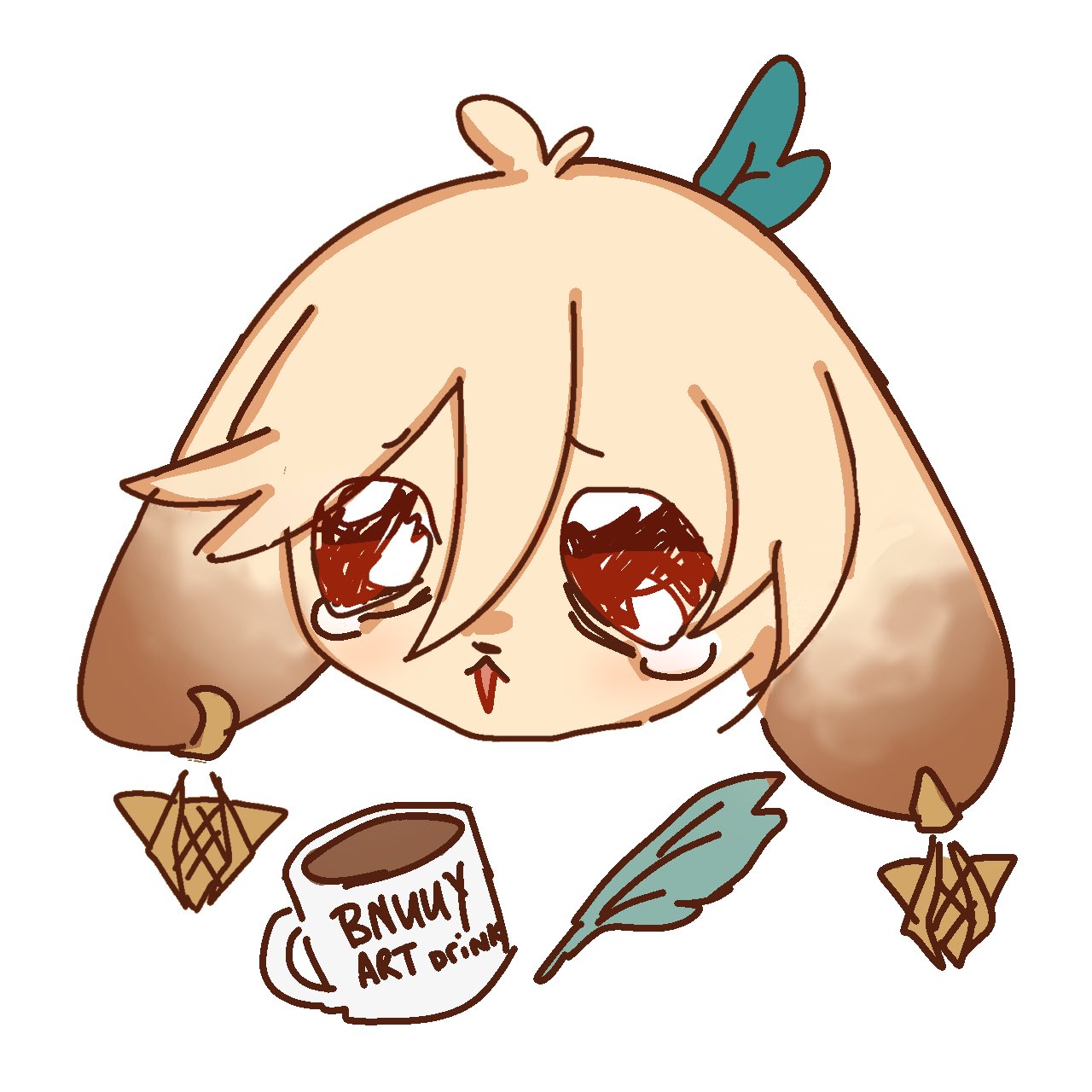 a cute cartoon dog with blonde hair and brown ears is looking down at a mug of coffee. the mug has the words "bunny art drink" on it. the dog is also wearing a teal feather on its ear and has brown and yellow feathers on its ears. it is a cute and whimsical image.