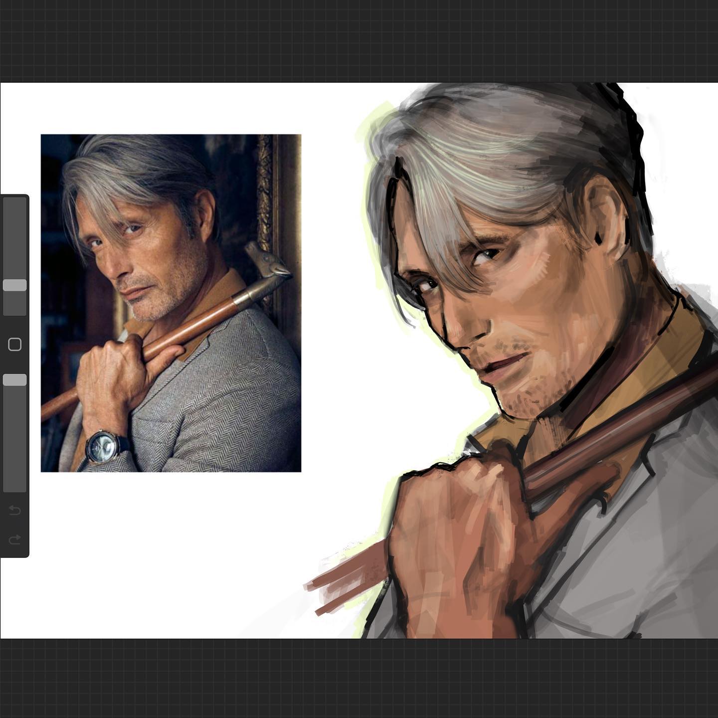 a digital painting of a man with gray hair. he's wearing a white shirt, brown jacket and holding a cane in his hand. the man is looking down and has a serious expression on his face.
