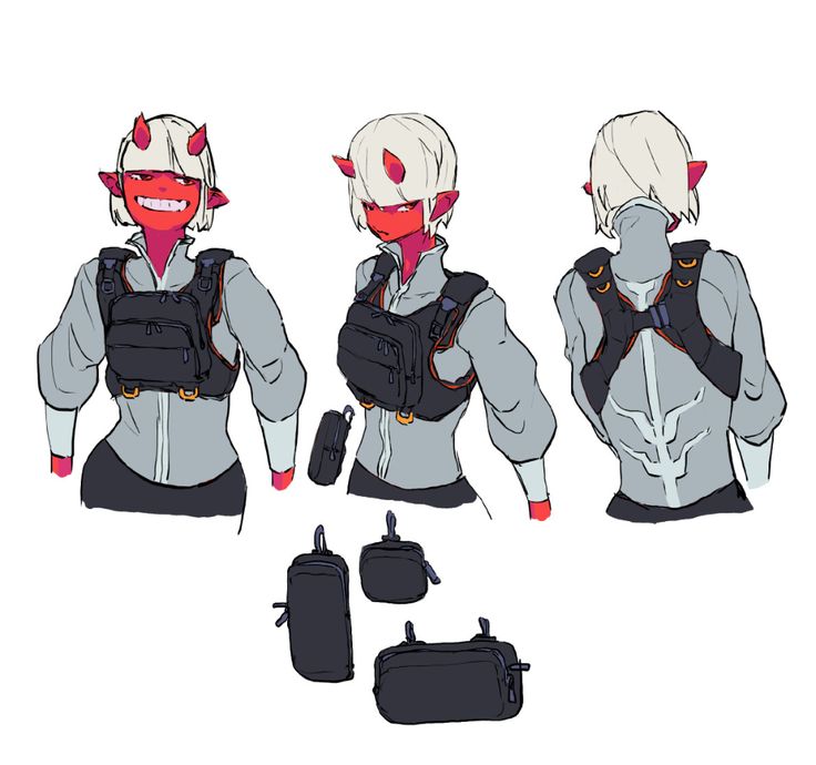 this is an illustration of an anime character with white hair and red skin.  the character is a female demon wearing a tactical chest rig with multiple pouches.  she is drawn from three different angles, showcasing the chest rig's design.  the character is depicted wearing a light gray shirt and black pants.  she has a playful and mischievous expression.  the illustration is drawn in a simple cartoon style, with clean lines and bold colors.