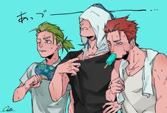 three anime boys in a locker room, seemingly after a swim.  the boy on the left is wearing a white shirt and green shorts and is drying his hair with a blue towel. the boy in the middle has on a black tank top and has a white towel on his head.  the boy on the right is wearing a white tank top.  all the boys are tan and have different colored hair. the boy on the left has green hair, the boy in the middle has blue hair, and the boy on the right has red hair.