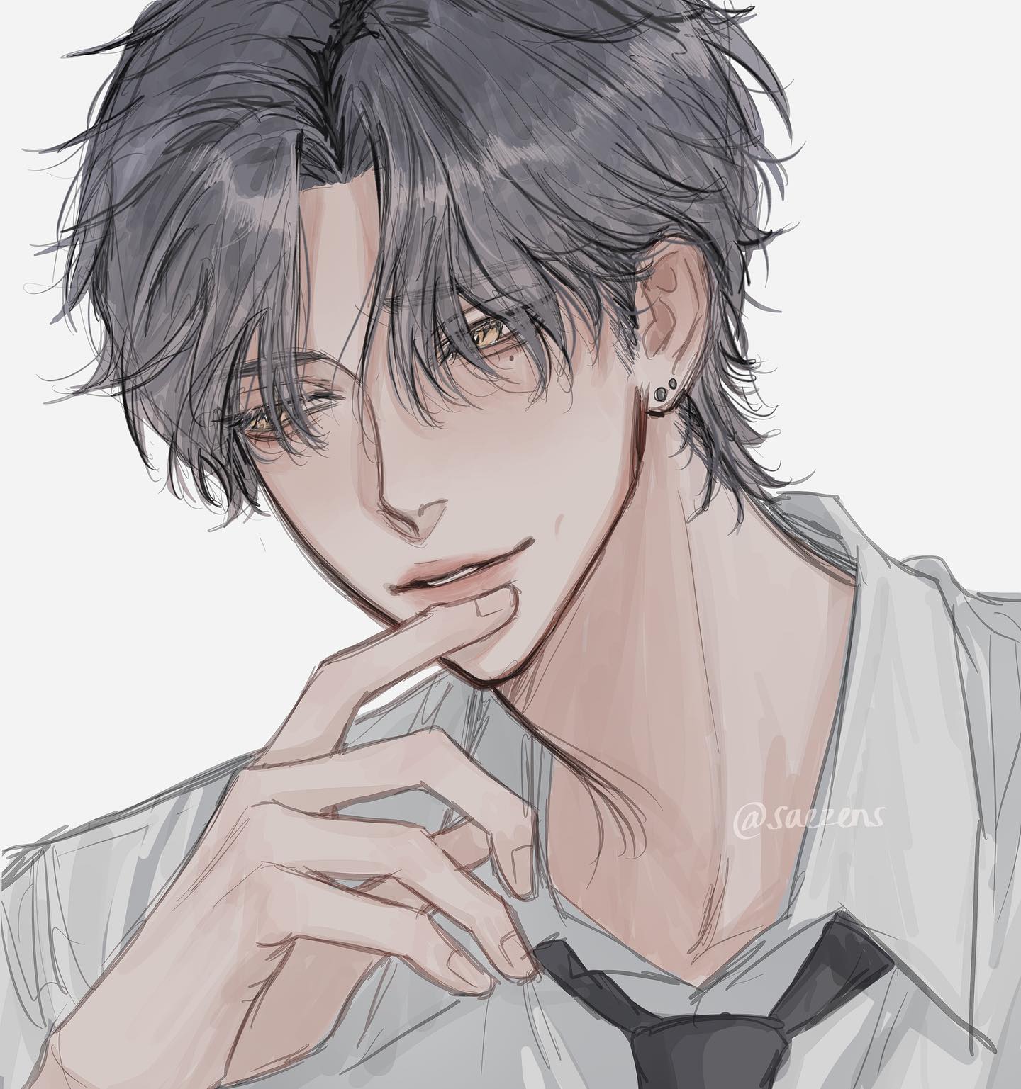 the image is a digital drawing or painting of a young anime/mangastyle male character. he has short, slightly messy gray hair, golden eyes, and is wearing a lightcolored collared shirt and a dark tie. his expression is subtly suggestive, with a hint of a smile and his hand gently touching his chin. the art style is soft and detailed, with a focus on gentle shading and soft lighting.  the overall aesthetic is dreamy and attractive, highlighting the character's handsome features. a watermark or artist's signature (@saeyeons) is visible in the lower right corner.