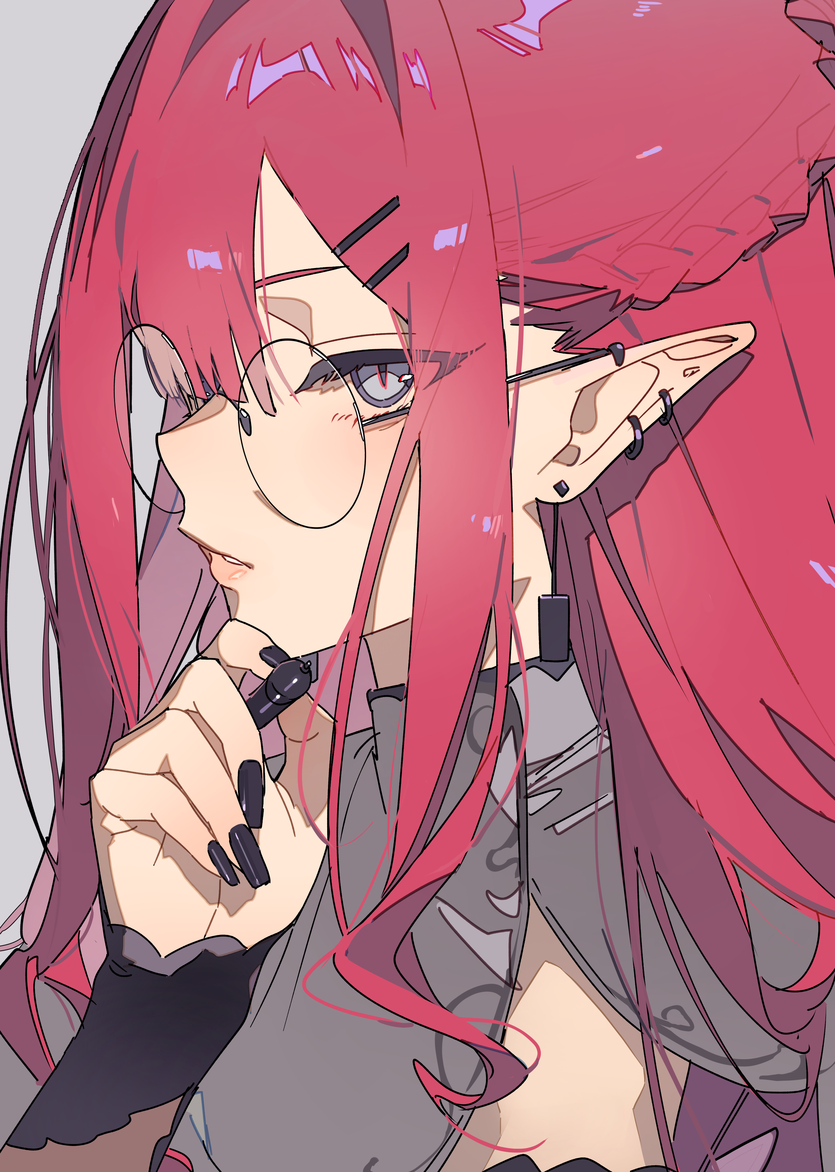 the image is a stylized digital drawing or illustration of an animestyle girl. she has long, wavy red hair with purple highlights, elflike ears adorned with several piercings, and is wearing round glasses. her expression is pensive, with her hand resting on her chin. she appears to be wearing a grey, casual outfit with some dark accents, possibly gloves. the overall style is reminiscent of contemporary anime and manga art, characterized by soft lines and muted colors. the focus is on her face and upper body, with her hair cascading around her shoulders.
