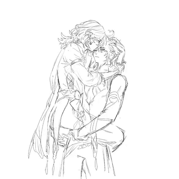 a black and white line art illustration of a couple hugging. the female character has her arms wrapped around the male character. the male character has his arms wrapped around the female character's waist. the male character has his head tilted up towards the female character, and the female character has her head tilted down towards the male character. they are both smiling. the drawing is very detailed and expressive. the lines are smooth and flowing. the overall tone of the drawing is loving and affectionate.