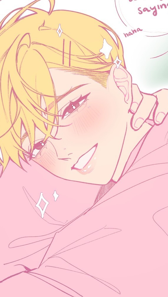 the image is a digital drawing of a cute animestyle boy with blond hair. he is blushing and smiling happily while hugging himself. the overall style is soft and pastel, with pink as the dominant color. the boy's expression is cheerful and playful, creating a kawaii and adorable aesthetic. the drawing is detailed, showing subtle shading and highlights that bring depth to the character.  a speech bubble in the upper right corner suggests a playful or humorous context.