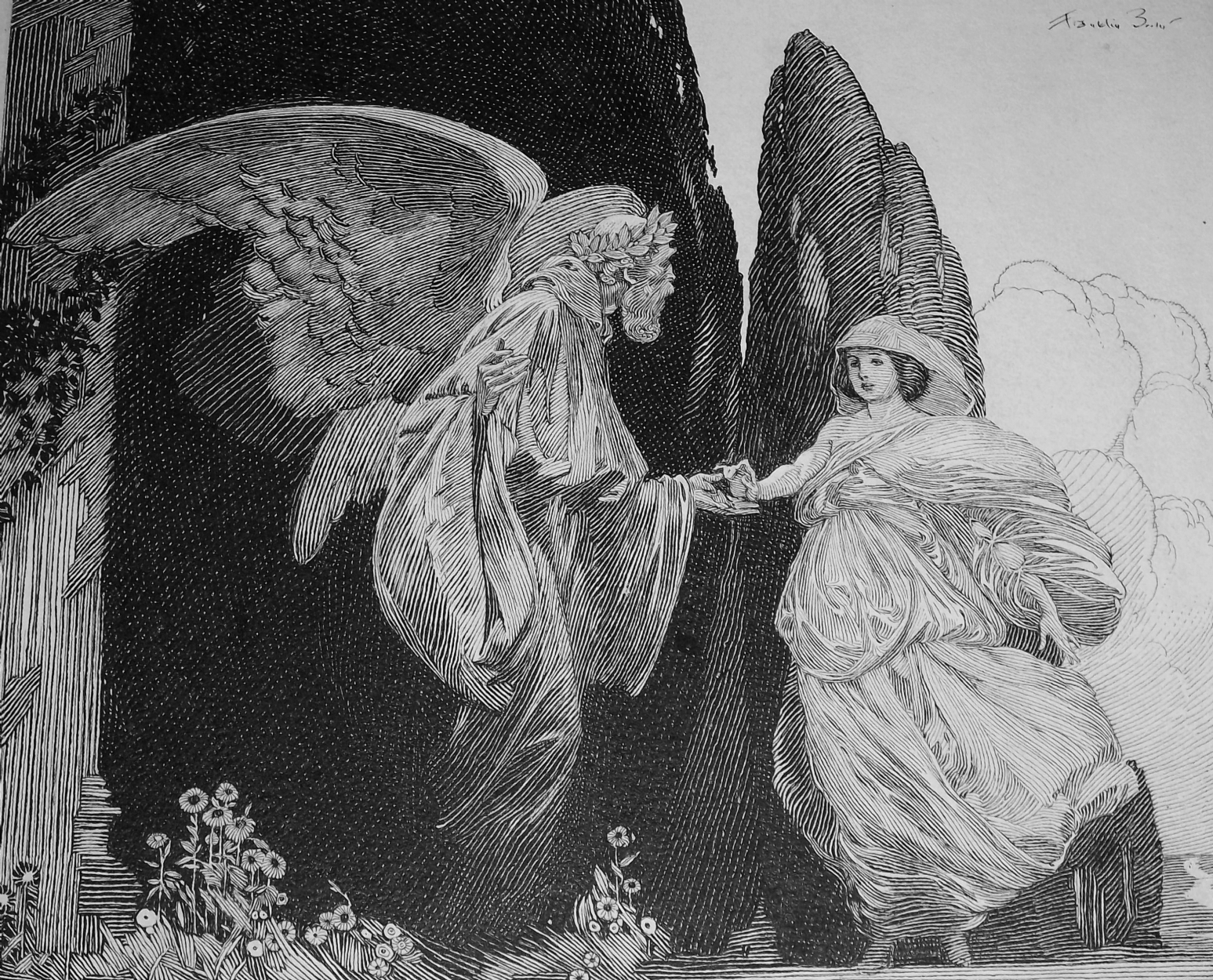 the image is a black and white engraving or etching depicting a dramatic scene. a winged angelic figure, crowned with a wreath, is reaching out to a young woman dressed in flowing robes.  they meet between two large, imposing rock formations.  the scene is set against a backdrop of light clouds and small wildflowers growing at the base of the rocks. the style is highly detailed and expressive, with strong contrasts of light and shadow and intricate line work. the overall tone is mystical and suggestive of a spiritual or mythological encounter. the artist's signature is visible in the upper right corner.