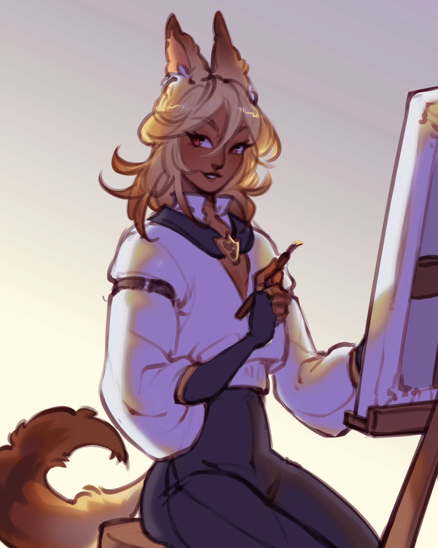 the image is a digital illustration of a female anthro character with foxlike ears and a tail. she has long blonde hair, brown skin, and expressive eyes.  she's dressed in a light purple, longsleeved shirt with dark purple pants and is seated in front of an easel, holding a paintbrush, seemingly in the process of painting. the style is whimsical and elegant with soft shading and warm lighting. the background is a simple, light gradient.  the overall mood is serene and suggests artistic focus.