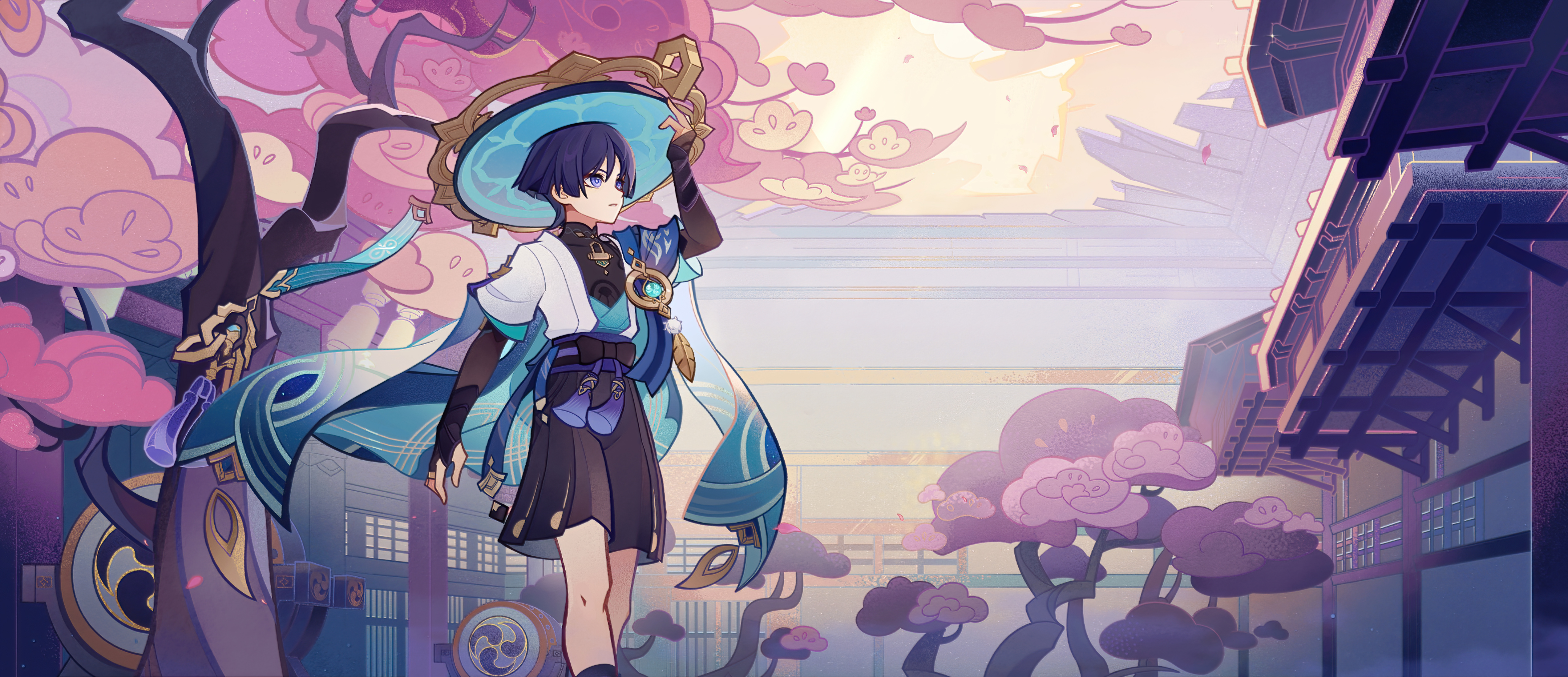 the image is a digital illustration of itto from the popular game genshin impact. itto is an anime style male character with blue hair and blue eyes. he is wearing a black outfit with a white shirt and gold jewelry. he is standing in a city with buildings and trees. the sky is blue and there are pink flowers in the air. the image has a fantasy and japanese theme. it is a very detailed and beautiful illustration.