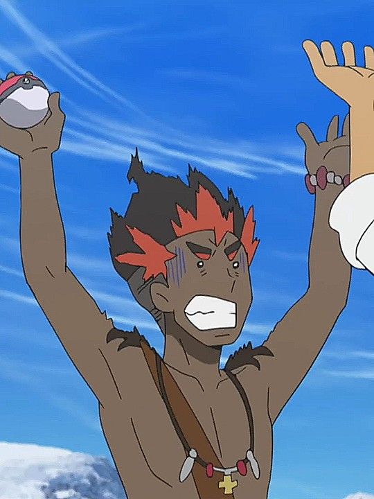 a male anime character with red hair and brown skin is laughing with his arms outstretched as he holds a pokeball in one hand. he is wearing a brown necklace with a cross pendant. he is standing in front of a blue sky with clouds and white snow. he looks very happy and excited.