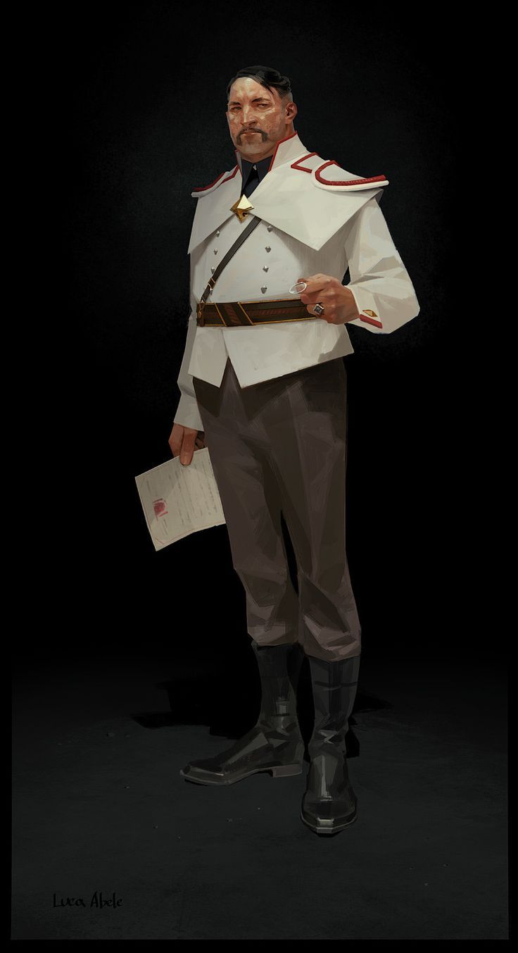 a man in a white militarystyle uniform is standing and holding a piece of paper. he is wearing black boots and has dark hair and a mustache. he is also wearing a ring. the background is black.