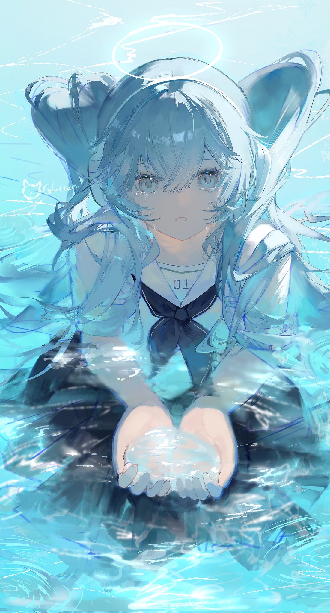 the image is a digital painting of a cute anime girl with long, light blue hair styled in twintails, partially submerged in clear blue water. she is wearing a dark blue sailorstyle school uniform and has a small halo above her head. her expression is serene and peaceful, and she is holding a small droplet of water in her cupped hands. the overall style is soft, dreamy, and ethereal, with a focus on light and water. the background is a light blue, suggesting a calm, watery environment.
