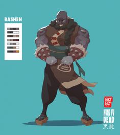 a character design illustration for a fighting game character named bashen. he is large and muscular and wears traditional fighting attire, with sandals and wraps on his hands.  his design appears to be inspired by chinese culture. the background is a plain teal color.