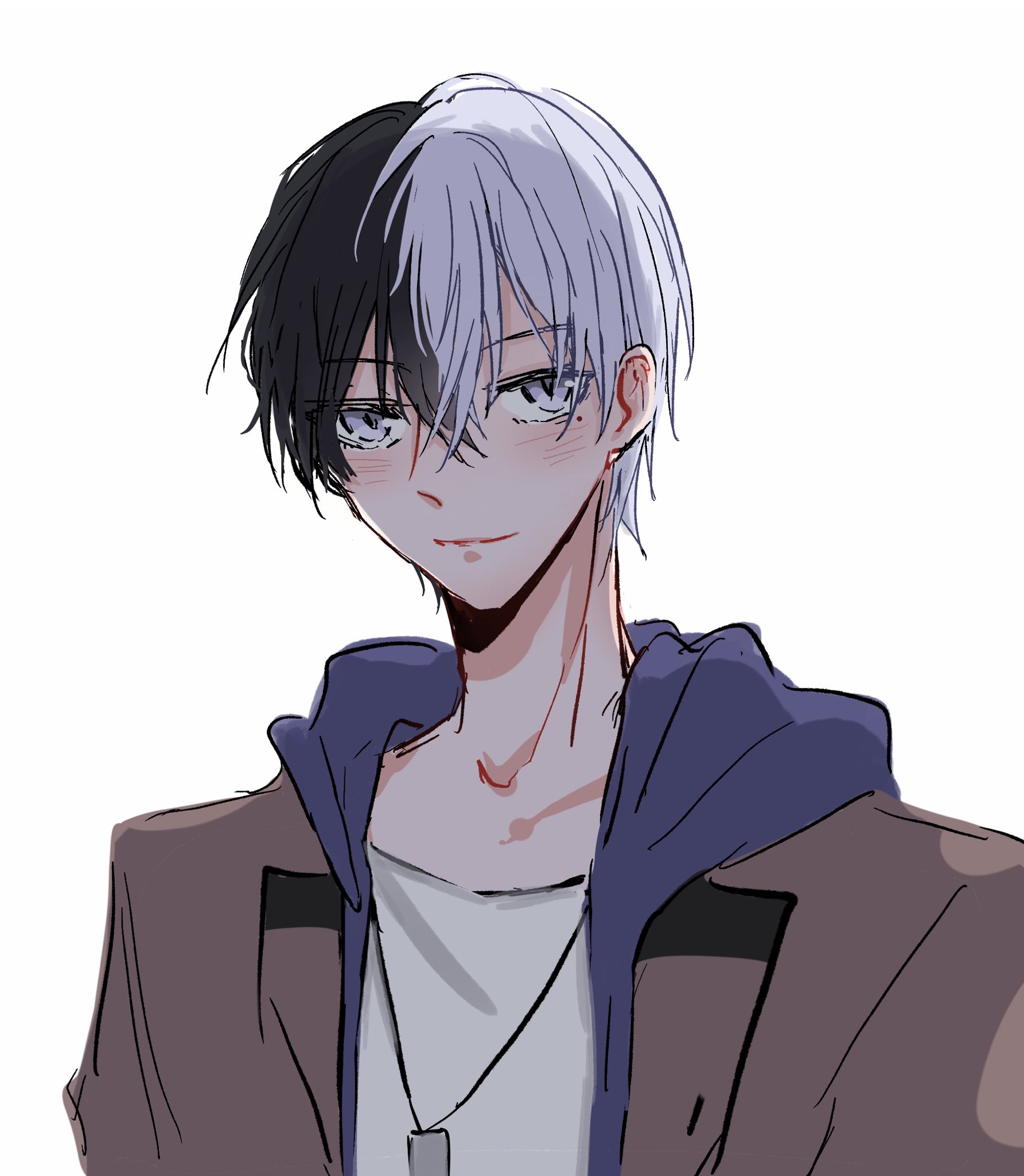 a closeup portrait of an anime boy with black and white hair, purple eyes, and a blush on his cheeks. he is wearing a brown jacket over a purple hoodie and has a necklace around his neck. he is looking at the camera with a slight smile. the background is white.