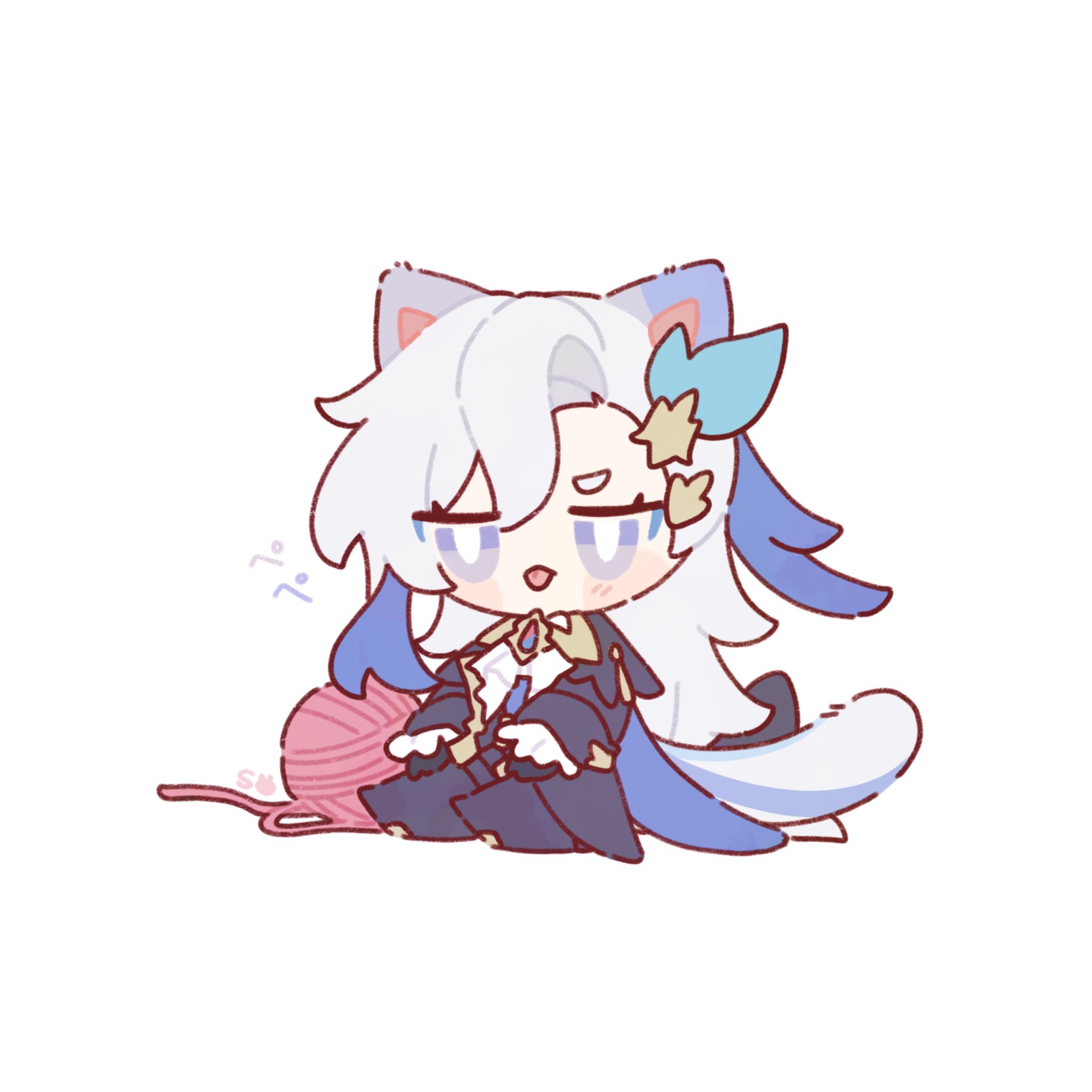 the image shows a chibistyle illustration of a cute anime/manga girl character. she has long, white hair with blue accents, cat ears, and is wearing a darkcolored outfit. she appears sleepy or tired and is sitting next to a ball of pink yarn, possibly implying she is knitting or crocheting. the art style is soft and pastel, with a focus on cuteness and kawaii aesthetics.  the overall feeling is sweet and gentle.