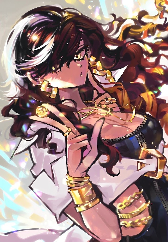 a colorful and detailed illustration of an anime girl with white and black hair wearing a white and black top and many gold accessories. she is holding her hand up in a peace sign. the background is a blur of light and color.  the image is styled with a bright and colorful aesthetic, reminiscent of a popart style.  the details on the clothing and the character's face and hair are intricate and wellexecuted.