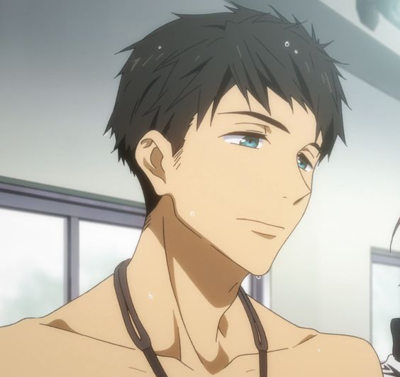this is a digital illustration of a young man with short, dark hair and blue eyes. he is shirtless, with a towel draped around his neck, and appears to be wet, suggesting he may have just finished swimming. his expression is serene and content. the background is simple and nondescript, drawing focus to the subject. the art style appears to be anime or manga.