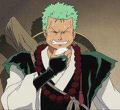 a closeup portrait of roronoa zoro from the anime one piece.  he is sweating profusely and has a strained, nervous expression on his face.  zoro is wearing a white robe with a black outer garment and his signature red beaded necklace. the lighting is soft, emphasizing his worried expression. the background is a neutral beige tone, keeping the focus on zoro's face and emotional state.