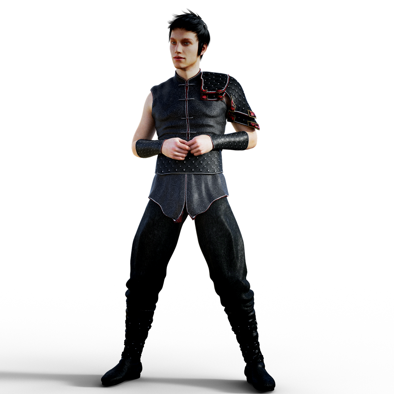 a man in a dark fantasy warrior costume stands against a black background. he wears a sleeveless black tunic with silver studs and red trim, paired with baggy black pants and studded boots. he also has a shoulder pad with red accents on his right shoulder and black wrist guards. the man has dark hair and a neutral expression.
