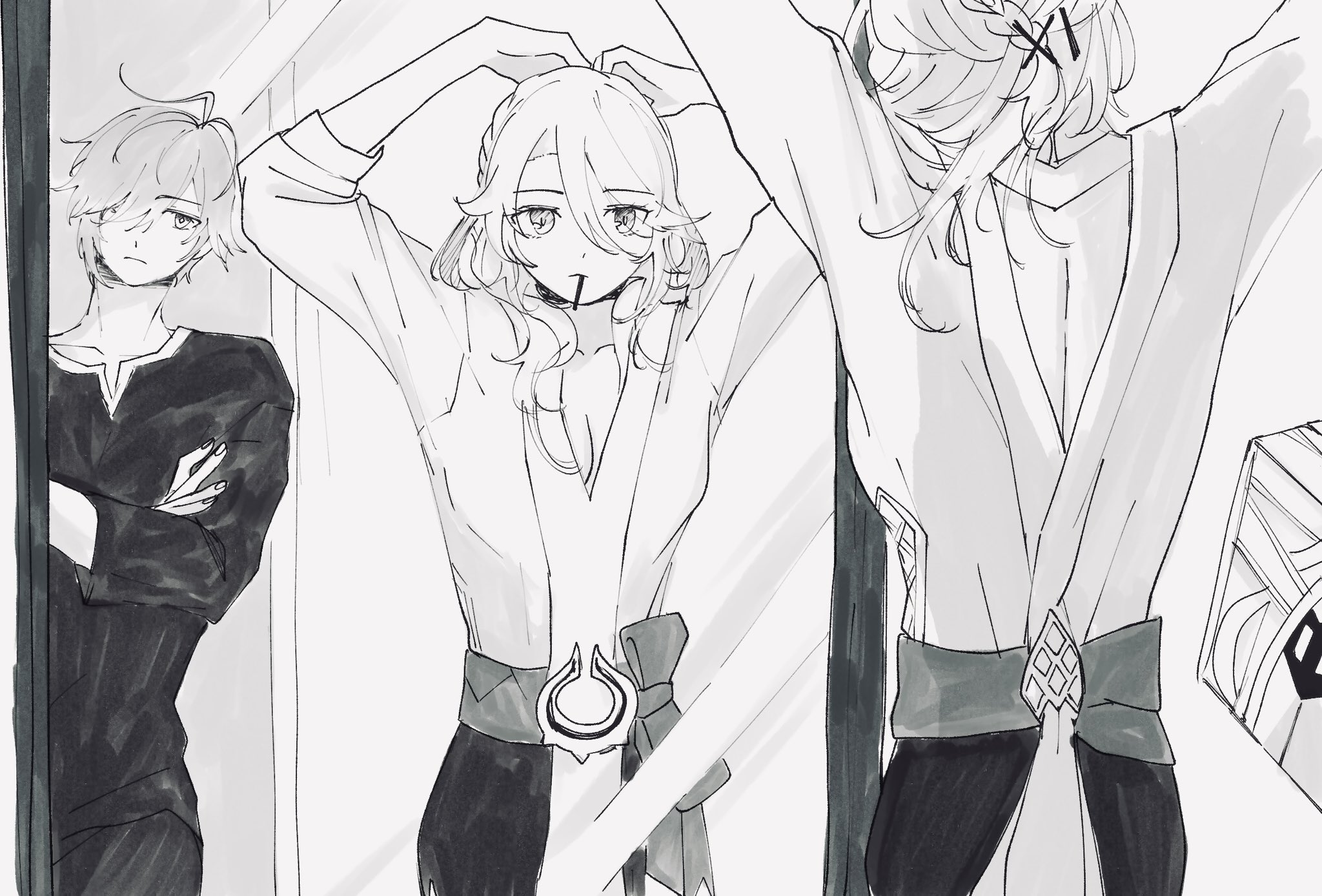 a black and white illustration of three anime characters. two girls with long hair are posing in front of a mirror, with a boy standing in front of them. one girl is wearing a white outfit and the other is wearing a dark outfit. the boy is wearing black clothes.