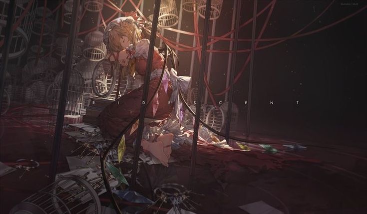 the image depicts an animestyle woman lying on the ground in a dimly lit space filled with scattered objects and cages. she has blonde hair and is wearing a red dress. the word "iridescent" is written in a broken fashion on the right side of the frame. there are many bird cages, some broken, and papers scattered on the floor. red wires or ribbons are strung throughout the scene. the overall mood is melancholy and perhaps suggestive of imprisonment or loss.