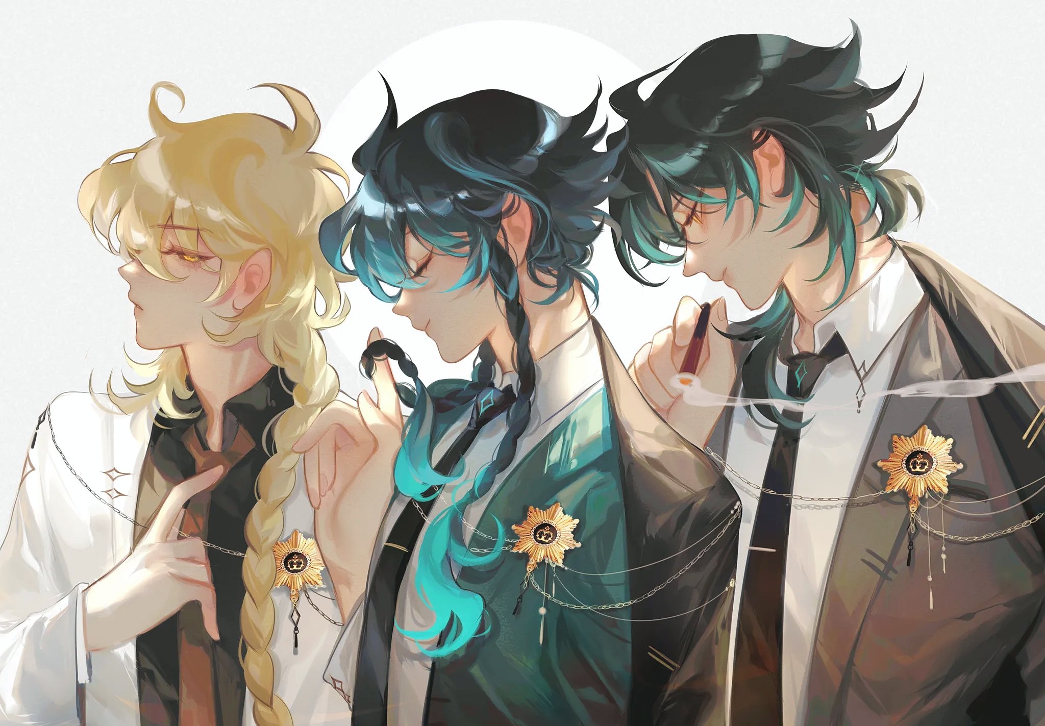 the image is a digital fanart depicting three animestyle male characters. they are elegantly dressed in suits, each with a distinct hair color and style.  the character on the left has long blonde hair styled in a braid, the center character has long teal braided hair and a dark teal suit, and the character on the right has dark teal hair styled to the side.  all three characters wear similar brooches and decorative chains as accessories. the art style is highly detailed and features a realistic rendering of fabric and hair. a subtle smoky effect is present near the character on the right. the background is a simple, lightcolored wash. the overall mood is stylish and sophisticated.