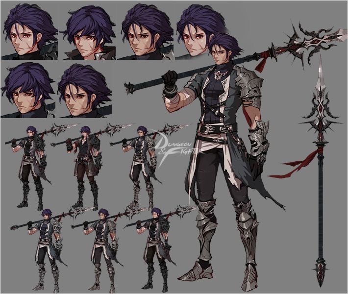 this is a digital illustration of a male character for a roleplaying game. he is dressed in armor, has purple hair, and is wielding a spear. the character is posed in a fighting stance with a sword in one hand and a spear in the other. there are several other variations of the character in smaller sizes throughout the page.