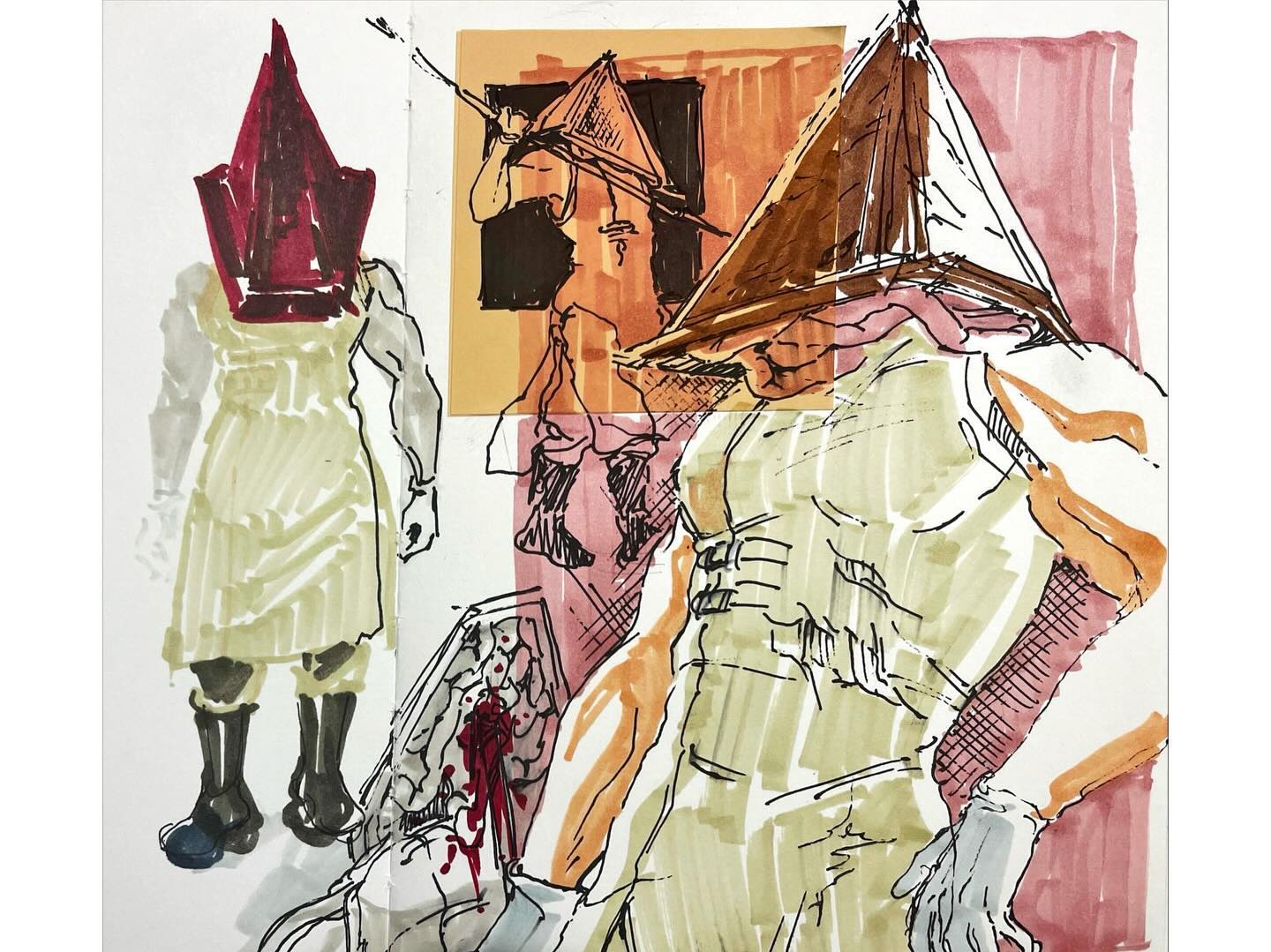 a dynamic sketch depicting multiple pyramid head figures from the silent hill video game series.  the style is expressive and somewhat chaotic, using a combination of marker and ink. the main focus is on a large pyramid head figure who appears injured or wounded, with blood splatter evident on their body.  another pyramid head is visible in the background, less detailed and seeming to observe. the artwork incorporates a collage effect through different color blocks behind the figures, giving a sense of depth and unease. the overall tone is dark, violent, and suggestive of the horror genre.
