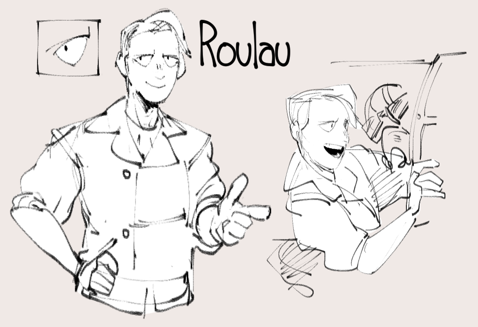 a black and white sketch of two anime boys. one is smiling and pointing to his right with his right hand. the other is smiling and has his right hand raised up. the word "roulau" is written at the top of the page.