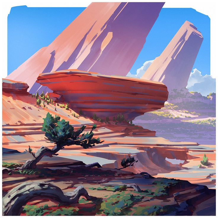 a stylized digital painting of a desert landscape featuring prominent rock formations, including mesas and buttes. the sky is blue with scattered clouds. a lone tree stands in the foreground. the overall color palette is warm and earthy with shades of red, orange, and brown. the scene depicts a southwestlike arid environment.