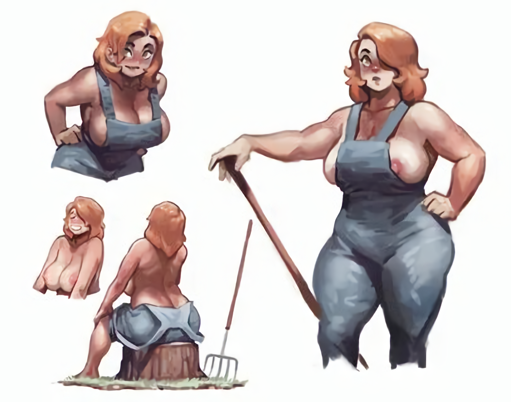 the image showcases a digital painting of a curvy redhead woman in various poses.  the main focus is a larger depiction of the woman standing with a pitchfork, wearing overalls that are partially undone, revealing her breasts.  smaller illustrations show the same woman in other poses: one smiling and looking at the viewer in her overalls, another sitting on a tree stump shirtless, and a smaller sketch showing her from behind.  the art style is painterly with soft shading and a focus on the character's body. the overall tone is suggestive and leans toward a pinup style.