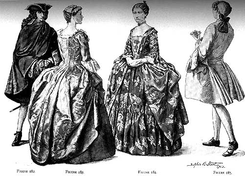 a black and white sketch depicting the fashion of men and women in the 18th century. the men are wearing frock coats and breeches with stockings while the women are wearing rococo style dresses with panniers.