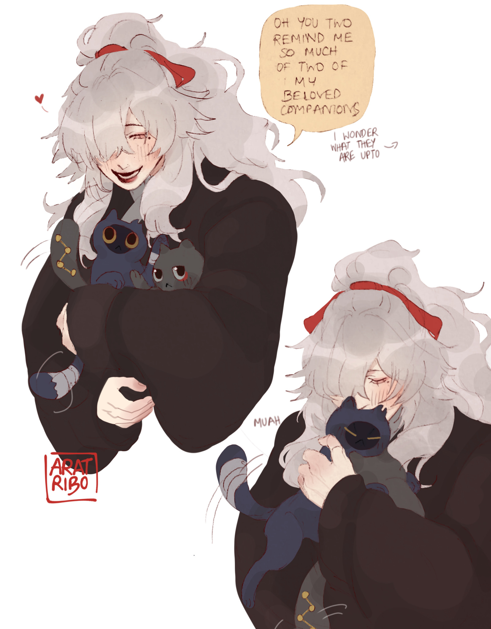 the image depicts two anime characters, both with long white hair tied with red ribbons, dressed in black outfits, holding a black cat and a grey cat in their arms. they look happy and loving towards their cats. the characters are drawn in a cute and adorable style, with soft lines and colors. the first character is holding both cats, while the second character is holding only one black cat. the image has a warm and loving atmosphere, with a focus on the bond between the characters and their cats. the first character is looking at their cats and saying "oh you two remind me so much of two of my beloved companions. i wonder what they are up to?" and the second character is saying "muah" to their cat.