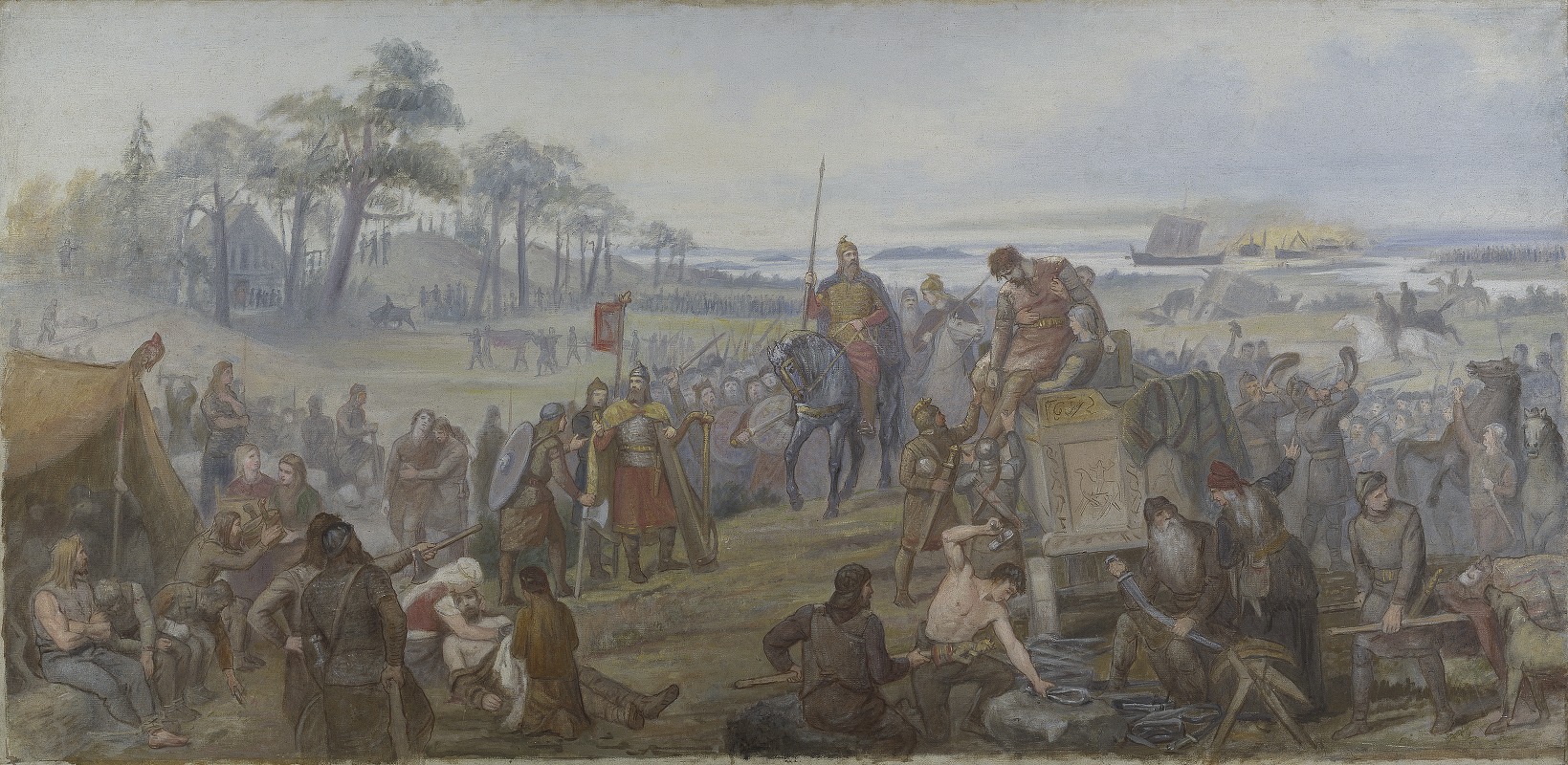 this painting depicts a scene of a viking settlement or camp, bustling with activity and preparation. warriors and soldiers are prominent, some with weapons and armor, while others engage in shipbuilding and other craftwork like blacksmithing. a leader or royal figure is mounted on a horse, observing the scene. there are boats on the river, some possibly on fire, suggesting a recent battle or preparation for one. in the background, there's a depiction of a settlement with buildings and trees. men, women, and children are present, indicating a broader community. the scene is dynamic and full of various tasks being carried out in anticipation of war or to recover from it.